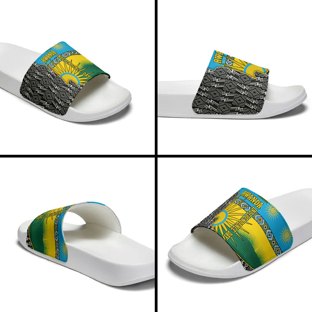 Rwanda Independence Day Unite Paix Progres Slide Sandals African Geometric Pattern - Power Fist And Coffee Branch Art