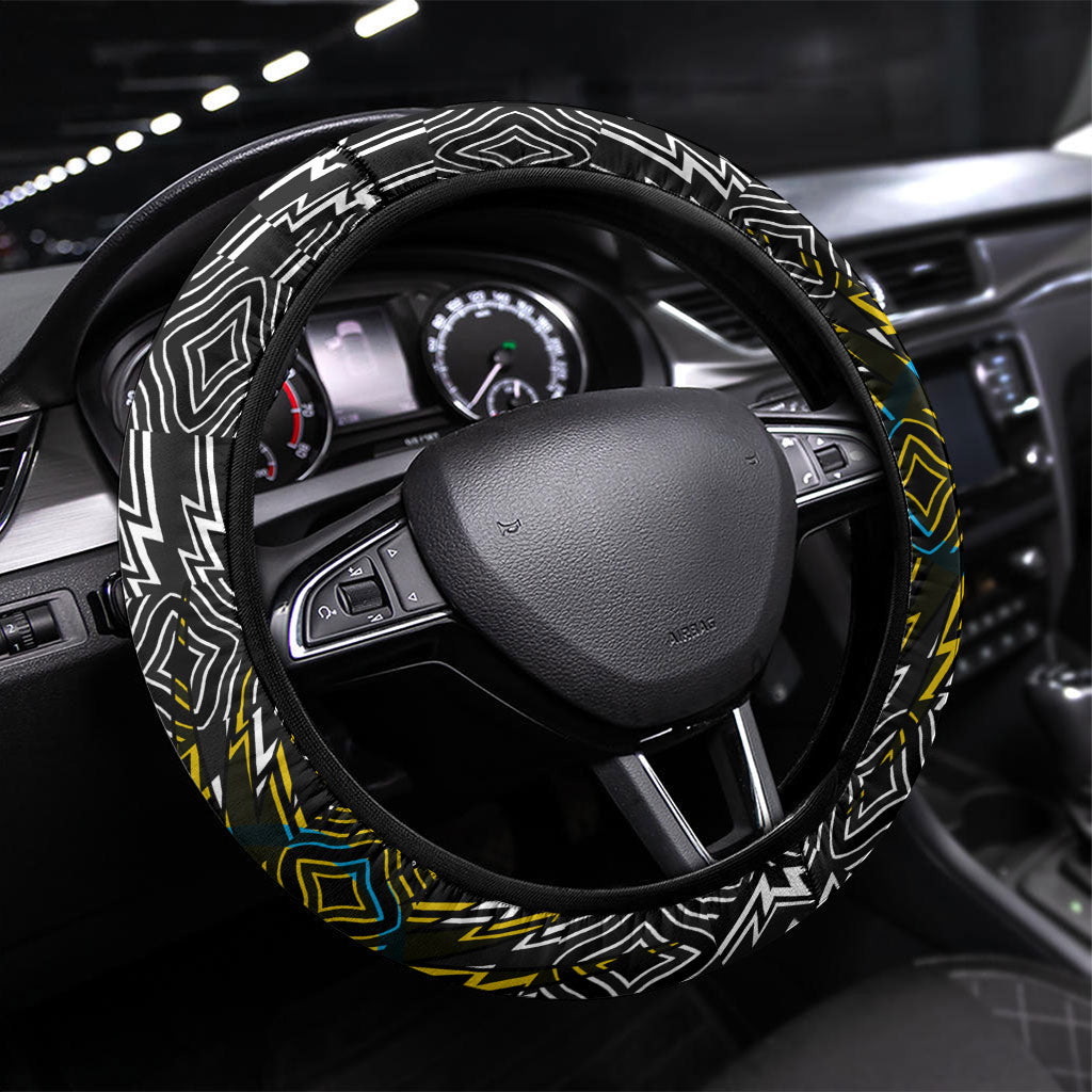 Rwanda Independence Day Unite Paix Progres Steering Wheel Cover African Geometric Pattern - Power Fist And Coffee Branch Art