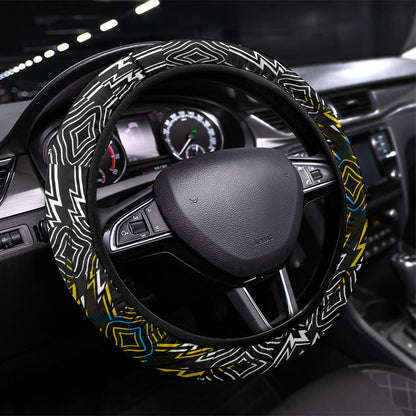 Rwanda Independence Day Unite Paix Progres Steering Wheel Cover African Geometric Pattern - Power Fist And Coffee Branch Art