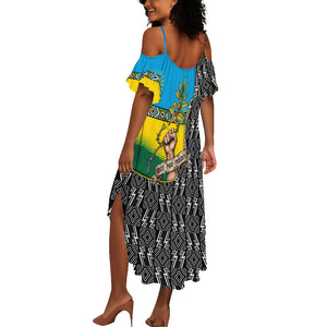 Rwanda Independence Day Unite Paix Progres Summer Maxi Dress African Geometric Pattern - Power Fist And Coffee Branch Art