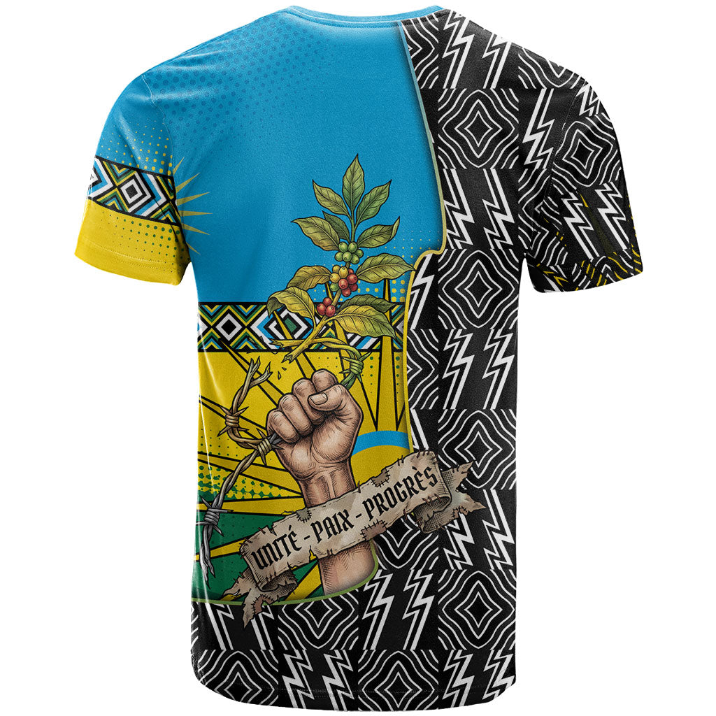 Rwanda Independence Day Unite Paix Progres T shirt African Geometric Pattern - Power Fist And Coffee Branch Art