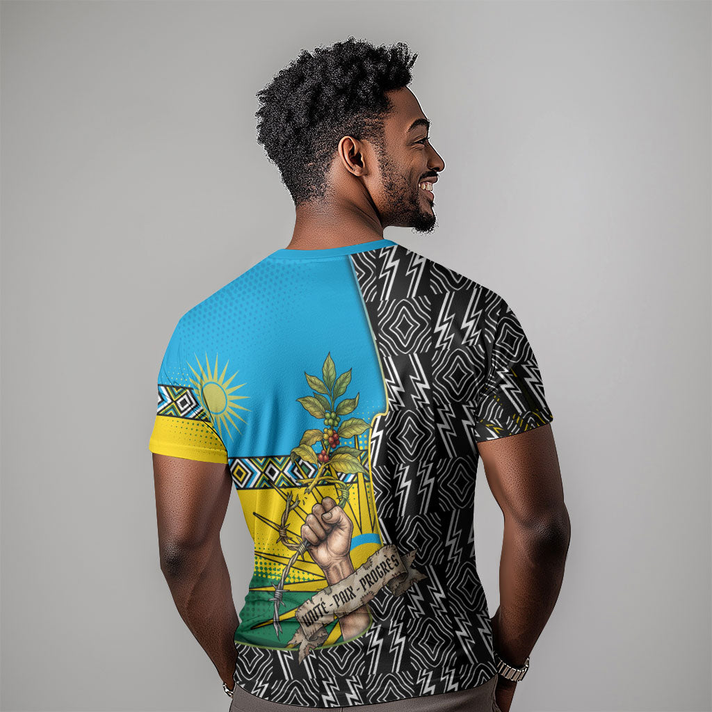 Rwanda Independence Day Unite Paix Progres T shirt African Geometric Pattern - Power Fist And Coffee Branch Art