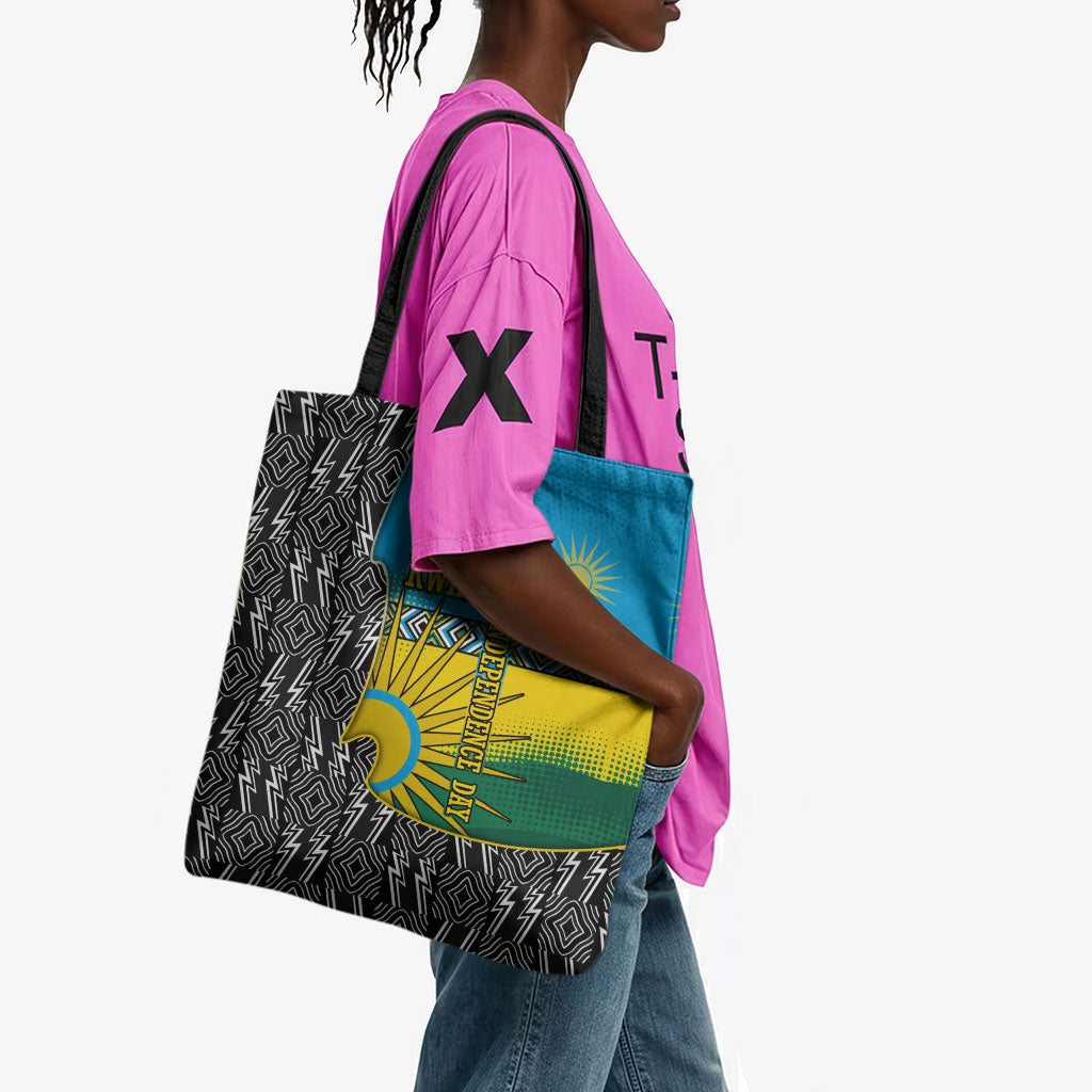 Rwanda Independence Day Unite Paix Progres Tote Bag African Geometric Pattern - Power Fist And Coffee Branch Art