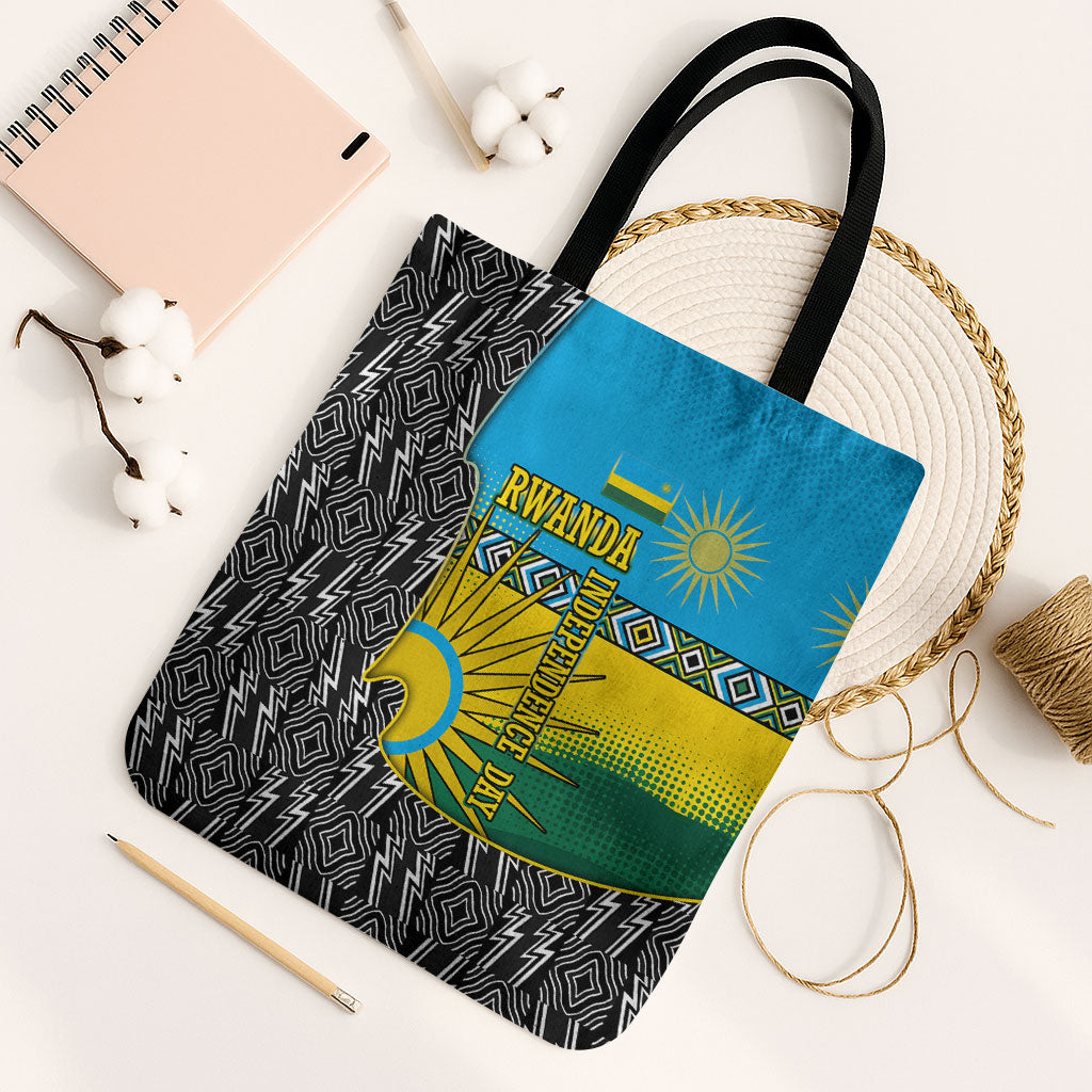Rwanda Independence Day Unite Paix Progres Tote Bag African Geometric Pattern - Power Fist And Coffee Branch Art