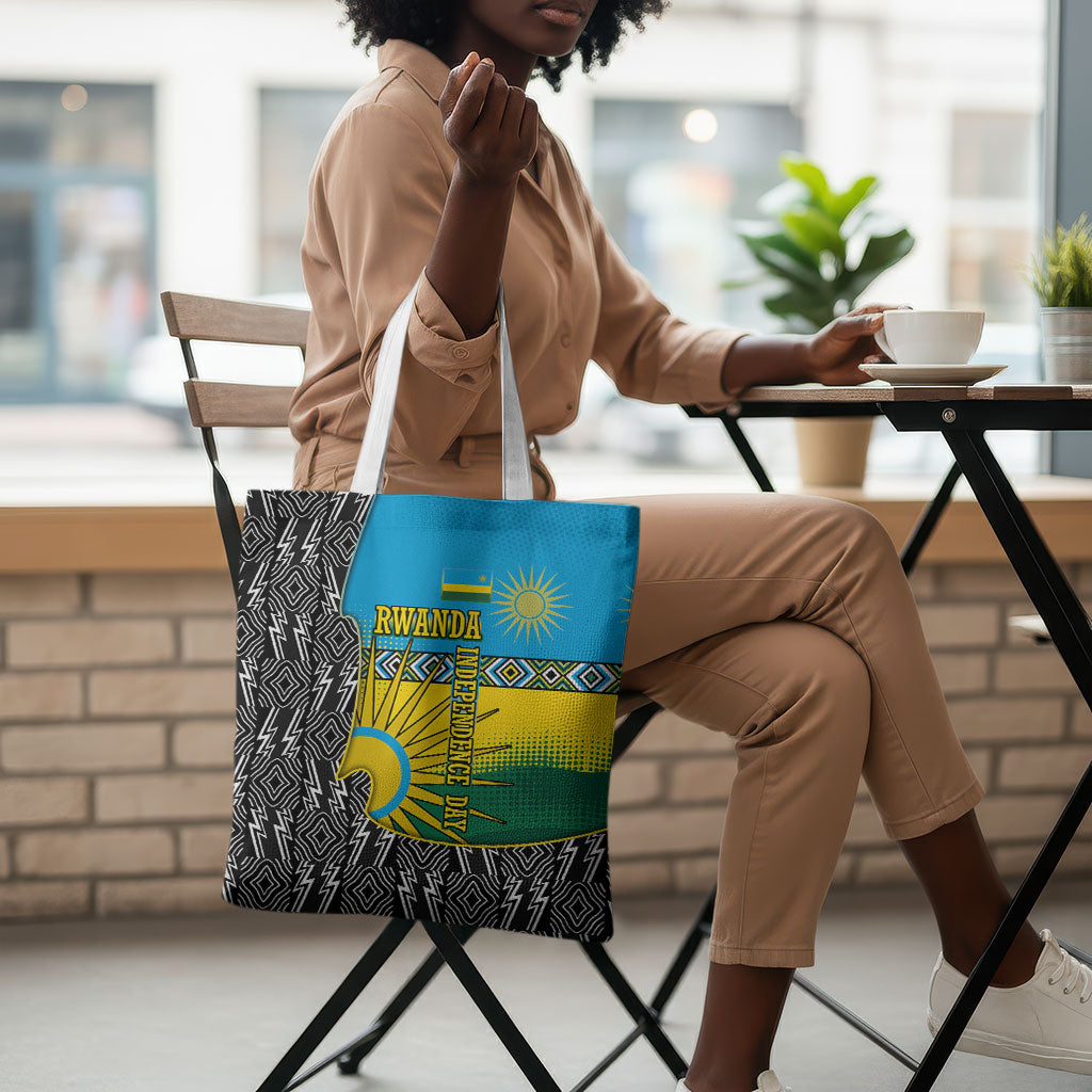 Rwanda Independence Day Unite Paix Progres Tote Bag African Geometric Pattern - Power Fist And Coffee Branch Art