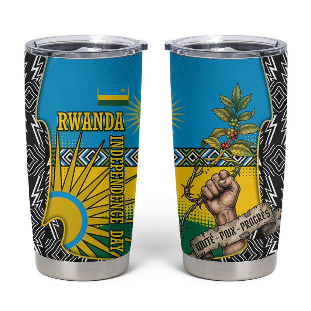 Rwanda Independence Day Unite Paix Progres Tumbler Cup African Geometric Pattern - Power Fist And Coffee Branch Art