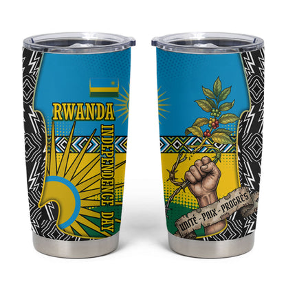 Rwanda Independence Day Unite Paix Progres Tumbler Cup African Geometric Pattern - Power Fist And Coffee Branch Art