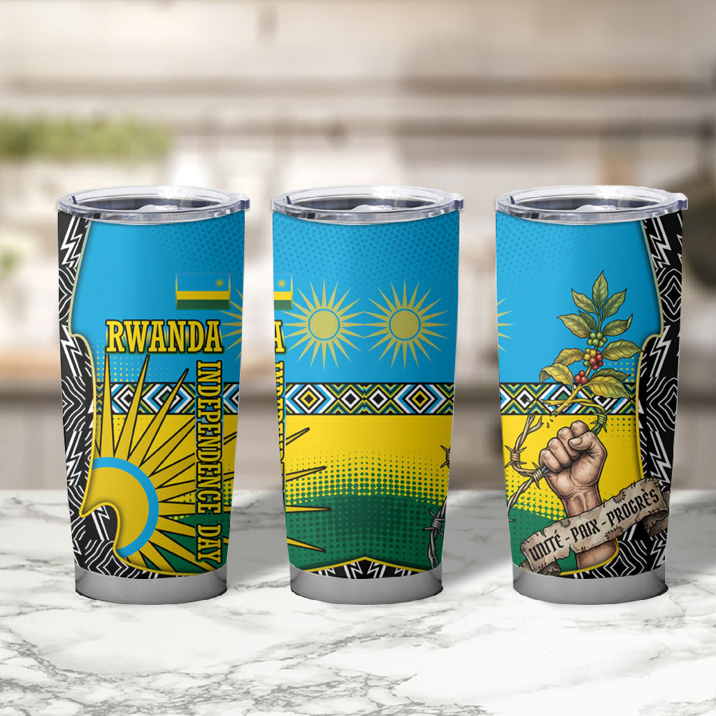 Rwanda Independence Day Unite Paix Progres Tumbler Cup African Geometric Pattern - Power Fist And Coffee Branch Art