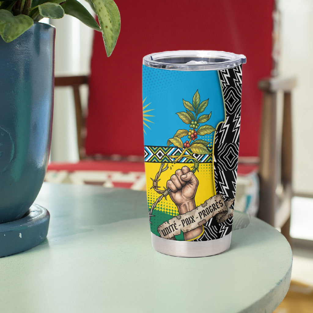 Rwanda Independence Day Unite Paix Progres Tumbler Cup African Geometric Pattern - Power Fist And Coffee Branch Art