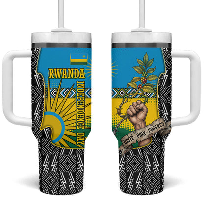 Rwanda Independence Day Unite Paix Progres Tumbler With Handle African Geometric Pattern - Power Fist And Coffee Branch Art