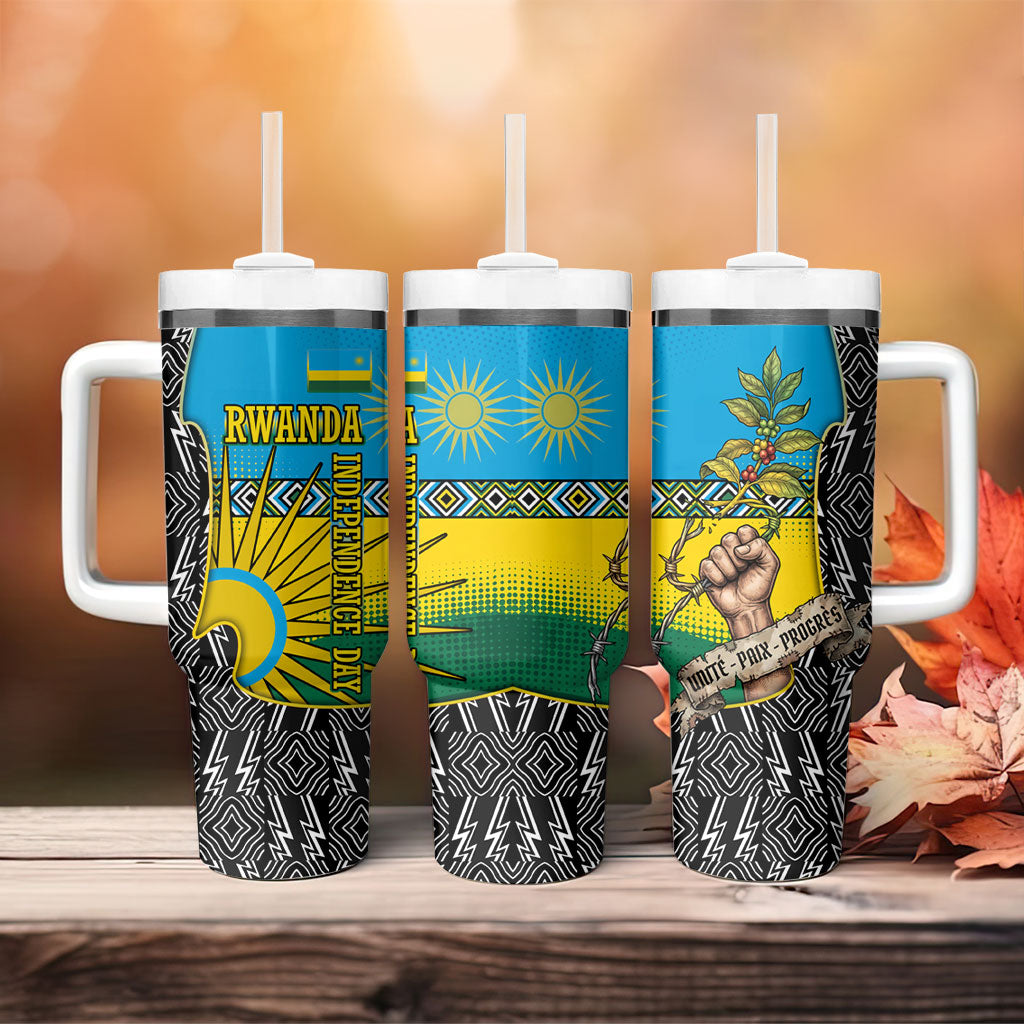Rwanda Independence Day Unite Paix Progres Tumbler With Handle African Geometric Pattern - Power Fist And Coffee Branch Art