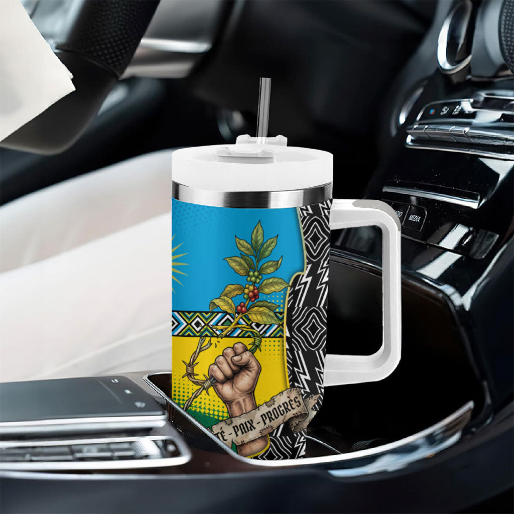 Rwanda Independence Day Unite Paix Progres Tumbler With Handle African Geometric Pattern - Power Fist And Coffee Branch Art