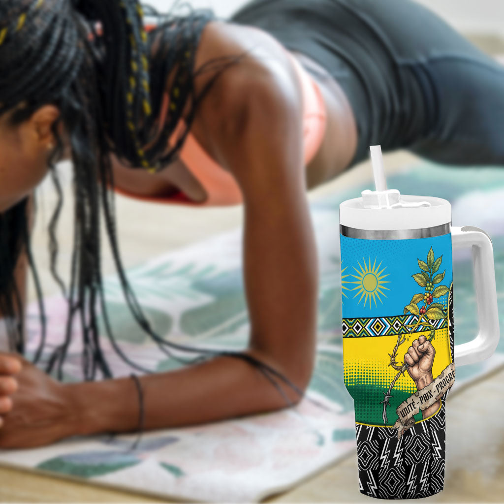 Rwanda Independence Day Unite Paix Progres Tumbler With Handle African Geometric Pattern - Power Fist And Coffee Branch Art