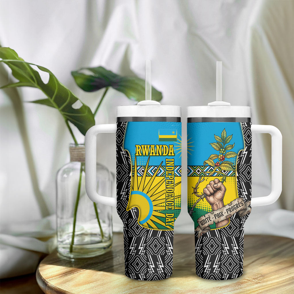 Rwanda Independence Day Unite Paix Progres Tumbler With Handle African Geometric Pattern - Power Fist And Coffee Branch Art