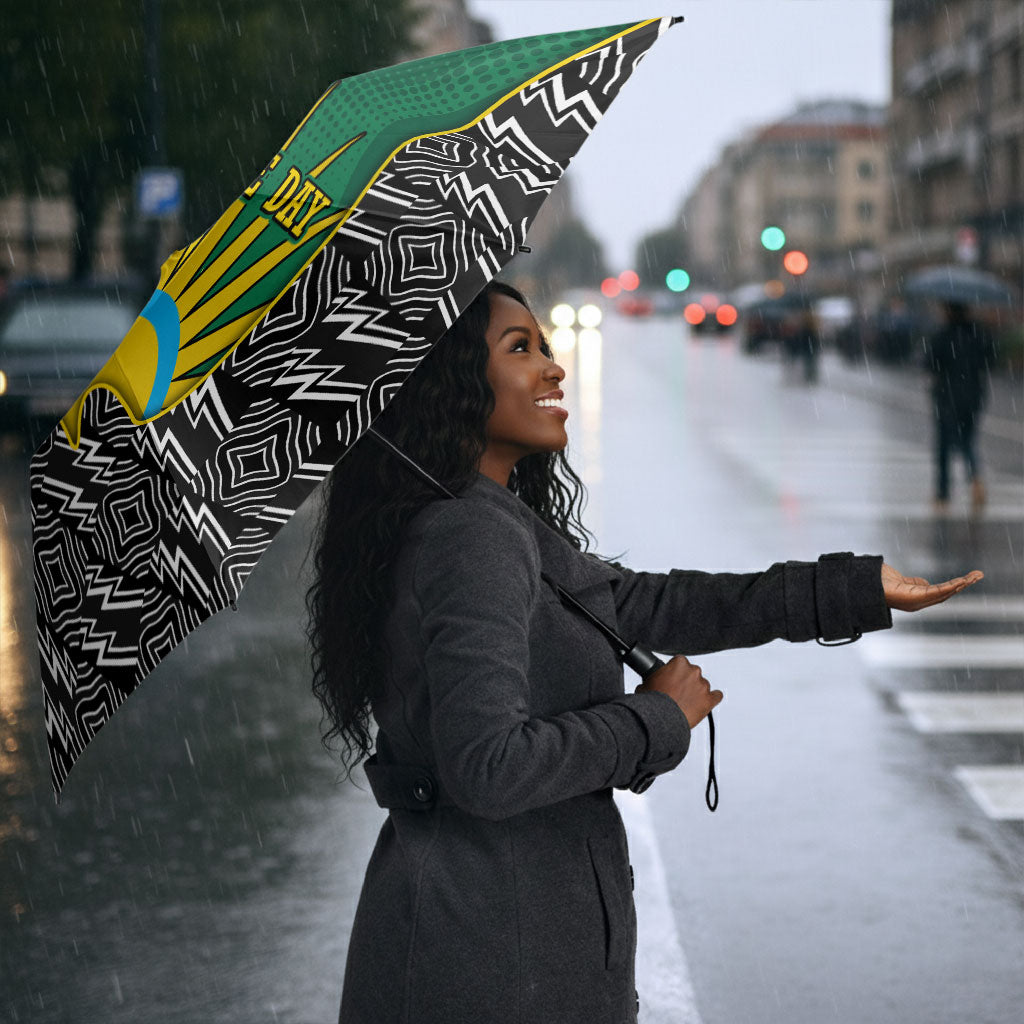 Rwanda Independence Day Unite Paix Progres Umbrella African Geometric Pattern - Power Fist And Coffee Branch Art