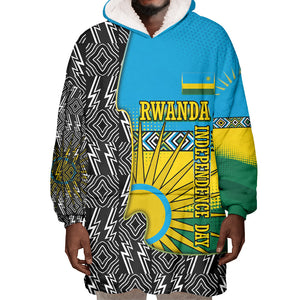Rwanda Independence Day Unite Paix Progres Wearable Blanket Hoodie African Geometric Pattern - Power Fist And Coffee Branch Art
