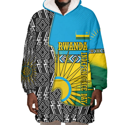 Rwanda Independence Day Unite Paix Progres Wearable Blanket Hoodie African Geometric Pattern - Power Fist And Coffee Branch Art