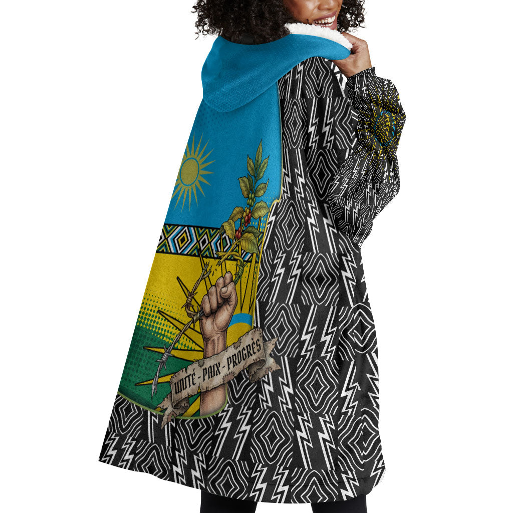 Rwanda Independence Day Unite Paix Progres Wearable Blanket Hoodie African Geometric Pattern - Power Fist And Coffee Branch Art