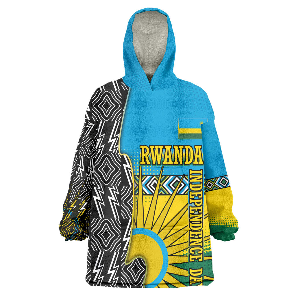 Rwanda Independence Day Unite Paix Progres Wearable Blanket Hoodie African Geometric Pattern - Power Fist And Coffee Branch Art
