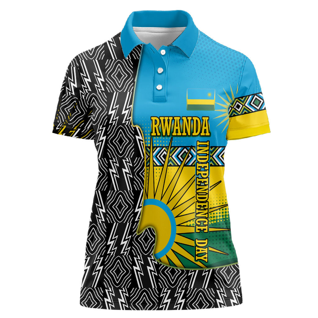 Rwanda Independence Day Unite Paix Progres Women Polo Shirt African Geometric Pattern - Power Fist And Coffee Branch Art