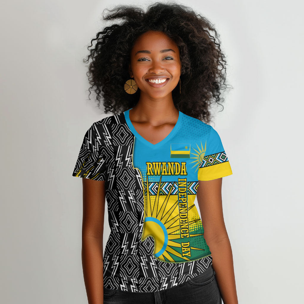 Rwanda Independence Day Unite Paix Progres Women V-Neck T-Shirt African Geometric Pattern - Power Fist And Coffee Branch Art