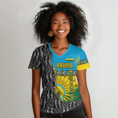 Rwanda Independence Day Unite Paix Progres Women V-Neck T-Shirt African Geometric Pattern - Power Fist And Coffee Branch Art