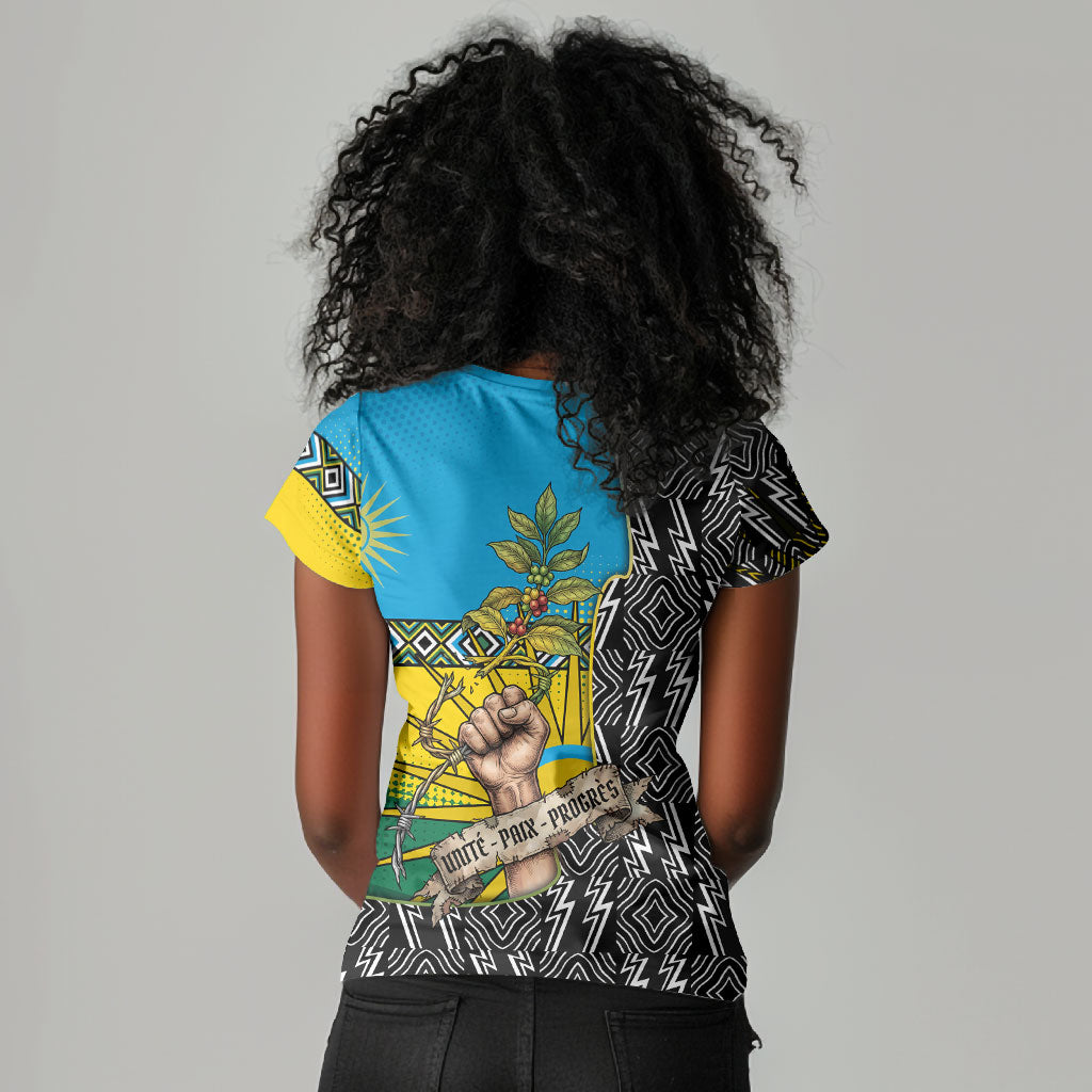Rwanda Independence Day Unite Paix Progres Women V-Neck T-Shirt African Geometric Pattern - Power Fist And Coffee Branch Art