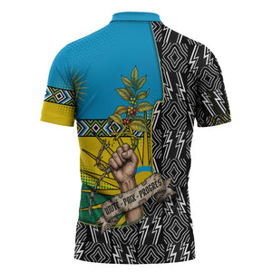 Rwanda Independence Day Unite Paix Progres Zipper Polo Shirt African Geometric Pattern - Power Fist And Coffee Branch Art