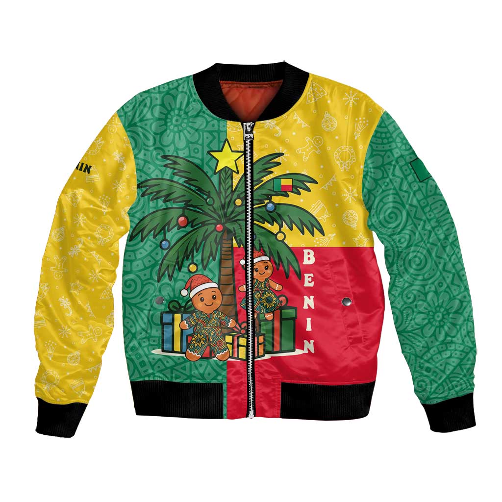 Benin Christmas Bomber Jacket Palm Tree Dolls and Red Yellow Green Festive - African Pride