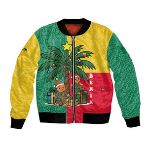 Benin Christmas Bomber Jacket Palm Tree Dolls and Red Yellow Green Festive - African Pride