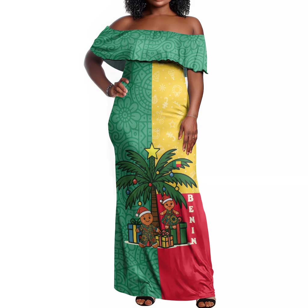 Benin Christmas Off Shoulder Maxi Dress Palm Tree Dolls and Red Yellow Green Festive - African Pride