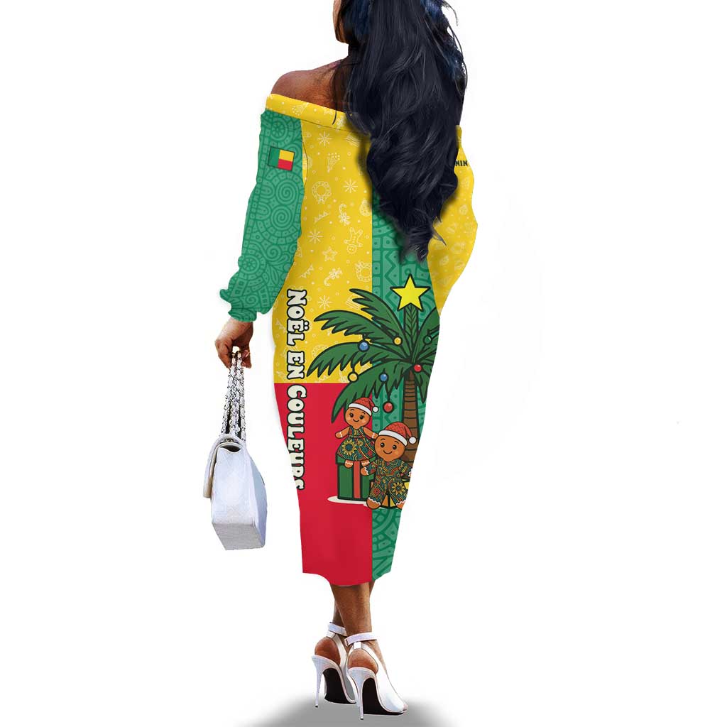 Benin Christmas Off The Shoulder Long Sleeve Dress Palm Tree Dolls and Red Yellow Green Festive - African Pride