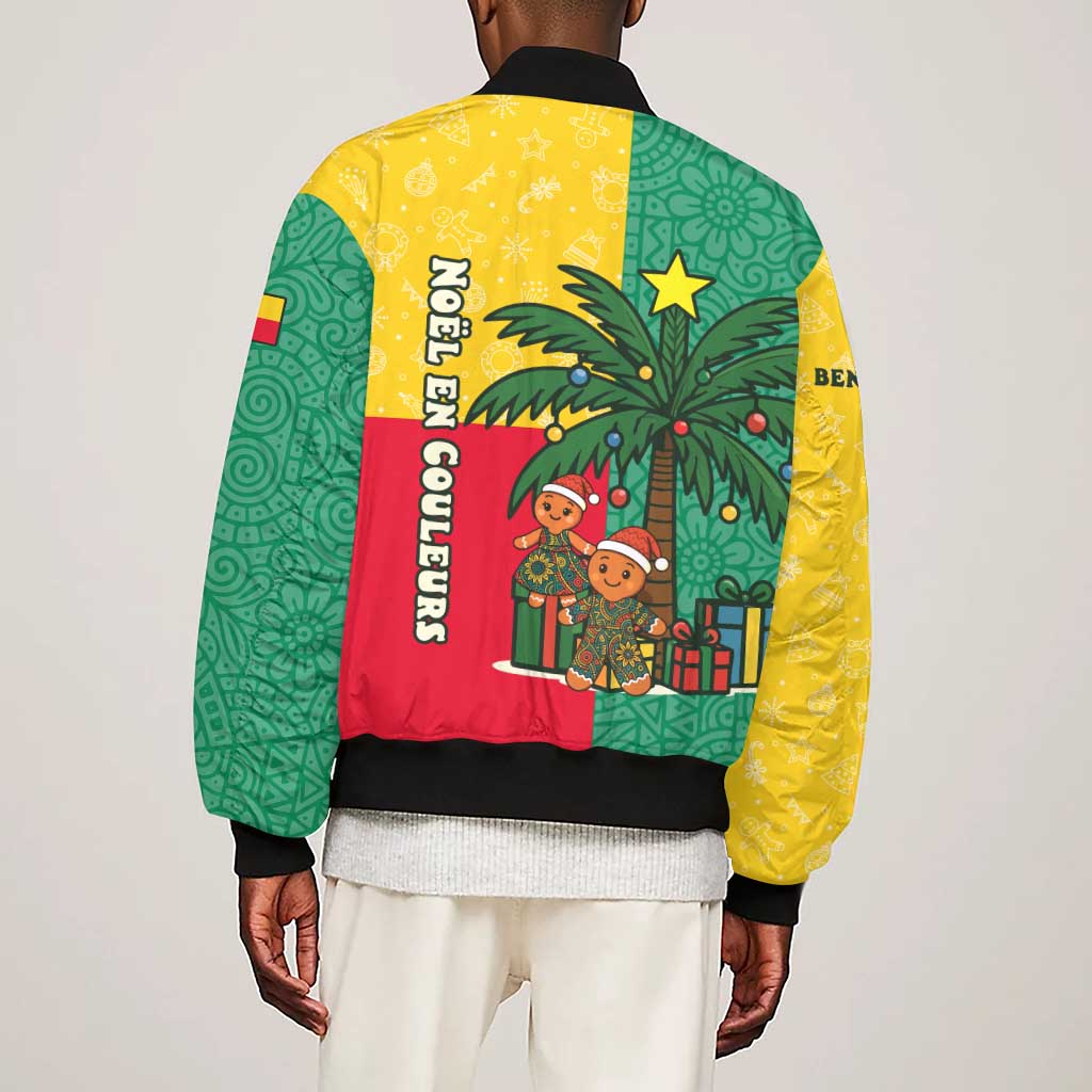 Benin Christmas Sleeve Zip Bomber Jacket Palm Tree Dolls and Red Yellow Green Festive - African Pride