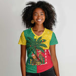Benin Christmas Women V-Neck T-Shirt Palm Tree Dolls and Red Yellow Green Festive - African Pride