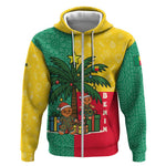 Benin Christmas Zip Hoodie Palm Tree Dolls and Red Yellow Green Festive - African Pride