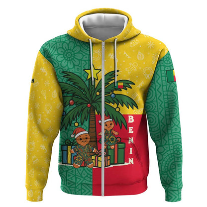 Benin Christmas Zip Hoodie Palm Tree Dolls and Red Yellow Green Festive - African Pride
