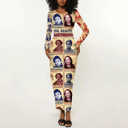 Brains Beauty And Breakthroughs Long Sleeve Bodycon Dress Trailblazing Black Women Inventors and Innovators - African Pride
