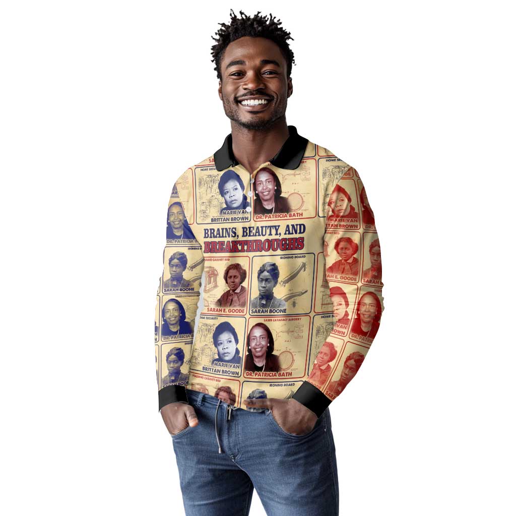 Brains Beauty And Breakthroughs Long Sleeve Polo Shirt Trailblazing Black Women Inventors and Innovators - African Pride