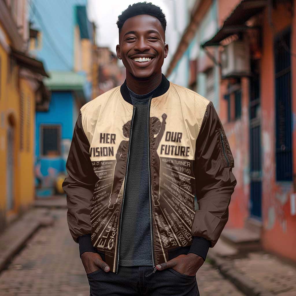 Her Vision Our Future Sleeve Zip Bomber Jacket Influential Black Women Inventors and Pioneers - African Pride