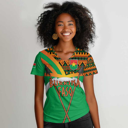 Burkina Faso Heritage Women V-Neck T-Shirt Tribal Spears and National Emblem - African Pride