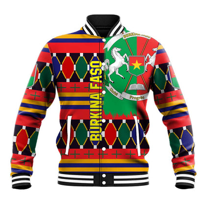 Burkina Faso Baseball Jacket Kente Flag Red Green Blue Geometric - African Pride