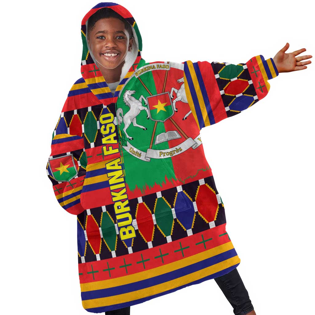 Burkina Faso Kid Wearable Blanket Hoodie Kente Flag Red Green Blue Geometric - African Pride