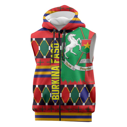 Burkina Faso Sleeveless Zip Hoodie Kente Flag Red Green Blue Geometric - African Pride