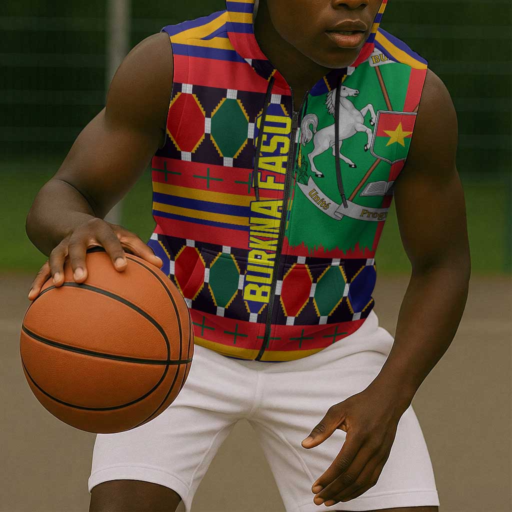 Burkina Faso Sleeveless Zip Hoodie Kente Flag Red Green Blue Geometric - African Pride