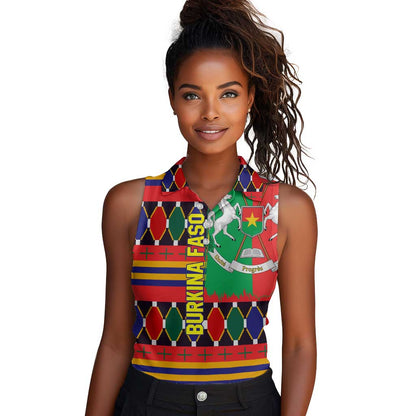 Burkina Faso Women Sleeveless Polo Shirt Kente Flag Red Green Blue Geometric - African Pride