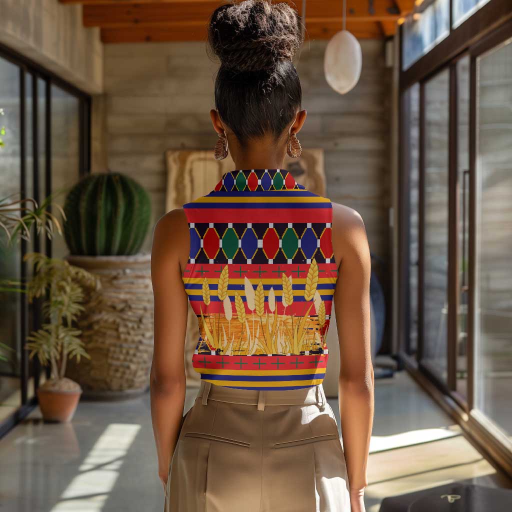Burkina Faso Women Sleeveless Polo Shirt Kente Flag Red Green Blue Geometric - African Pride