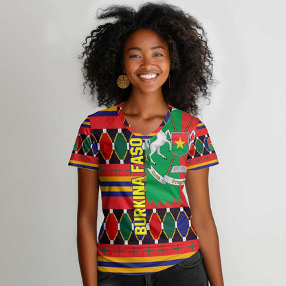 Burkina Faso Women V-Neck T-Shirt Kente Flag Red Green Blue Geometric - African Pride