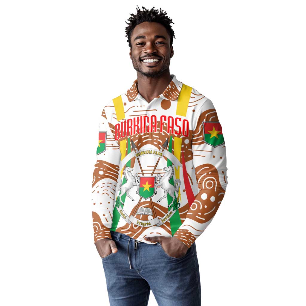 Burkina Faso Rising Horse Long Sleeve Polo Shirt Golden Harvest and National Pride - African Pride