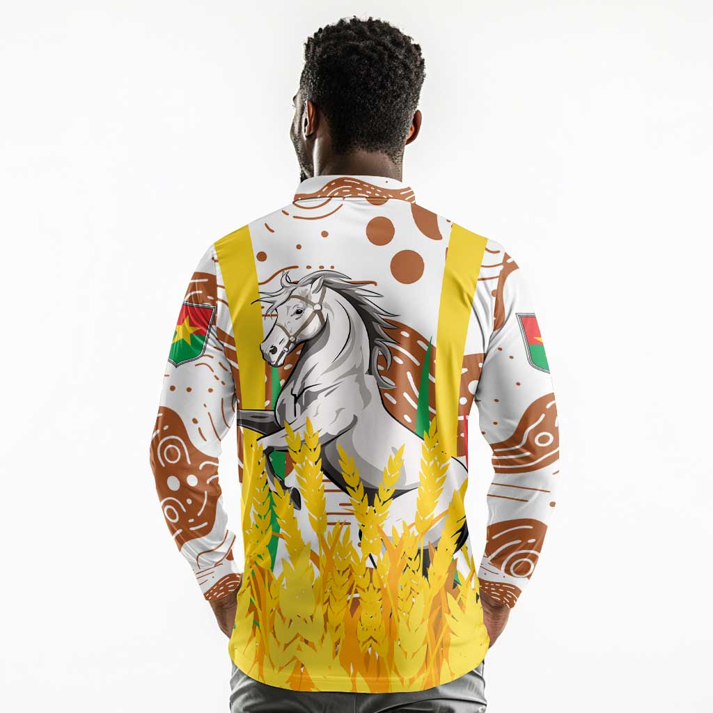 Burkina Faso Rising Horse Long Sleeve Polo Shirt Golden Harvest and National Pride - African Pride