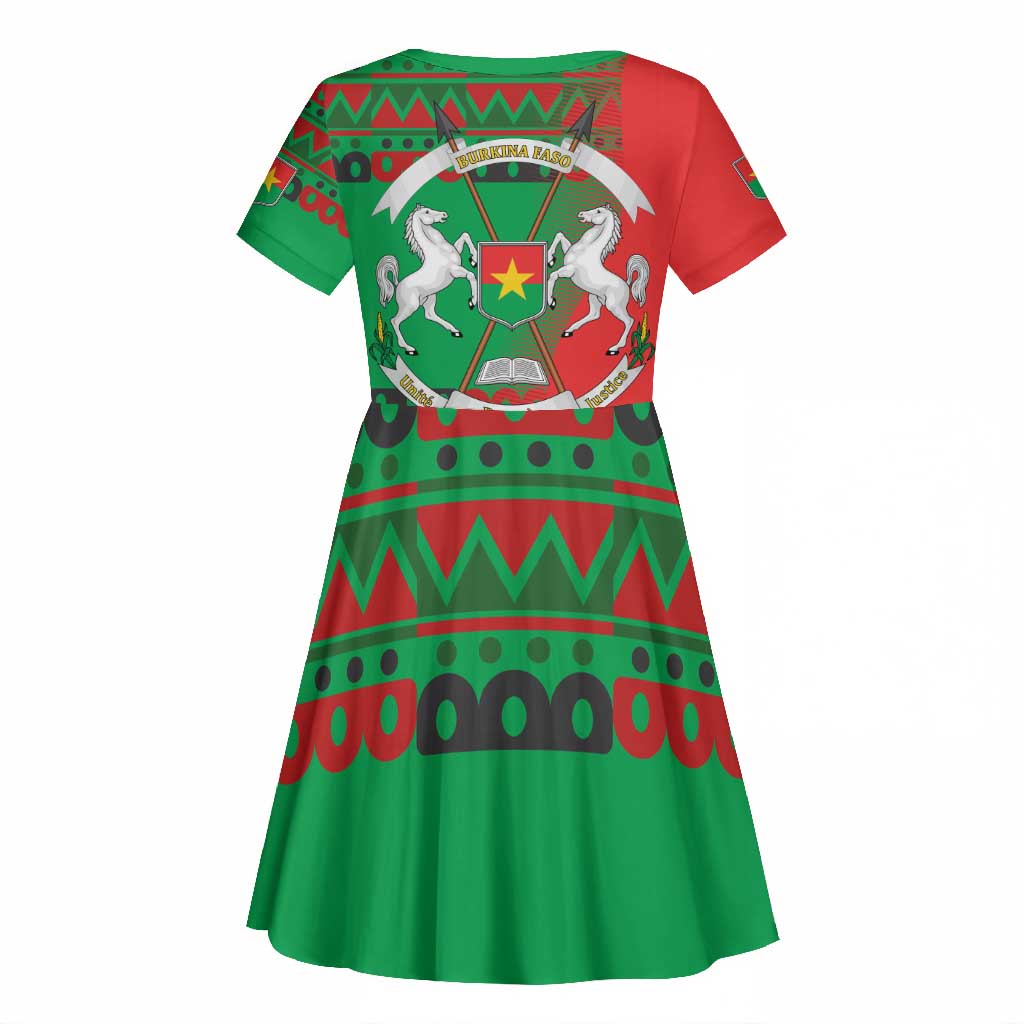 Burkina Faso Kid Short Sleeve Dress Tribal Design and Bobo Dioulasso Landmark - African Pride